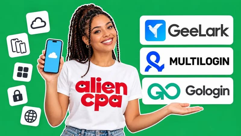 Photo collage on a flat emerald green background: a smiling woman with long braids holds up a phone showing a cloud and gestures at 3 white tiles with the GeeLark, Multilogin and Gologin logos, among small tiles with a cloud, stacked phones, an app grid, a padlock and a globe; the aliencpa logo is on her T-shirt.