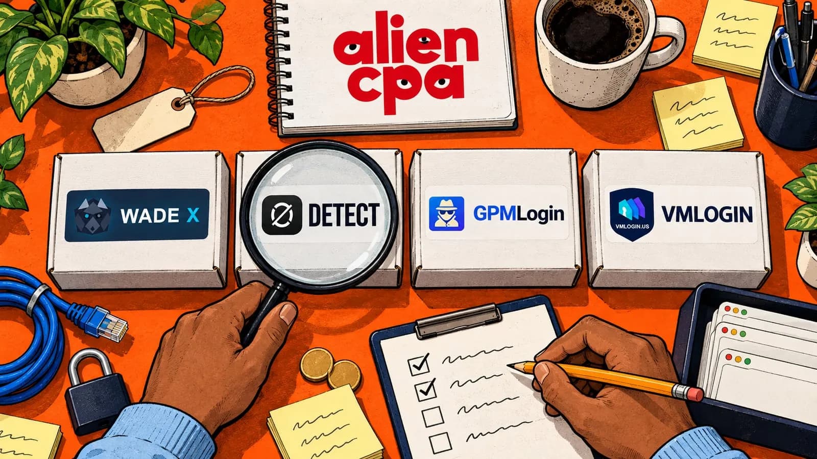 Illustrated desk on an orange background seen from above: 4 white boxes in a row carry stickers with the WADE X, 0DETECT, GPMLogin and VMLOGIN logos, one hand holds a magnifying glass over the 0DETECT box and the other ticks a checklist on a clipboard; above them a spiral notebook with the aliencpa logo, a coffee mug, a padlock, a network cable and a price tag.