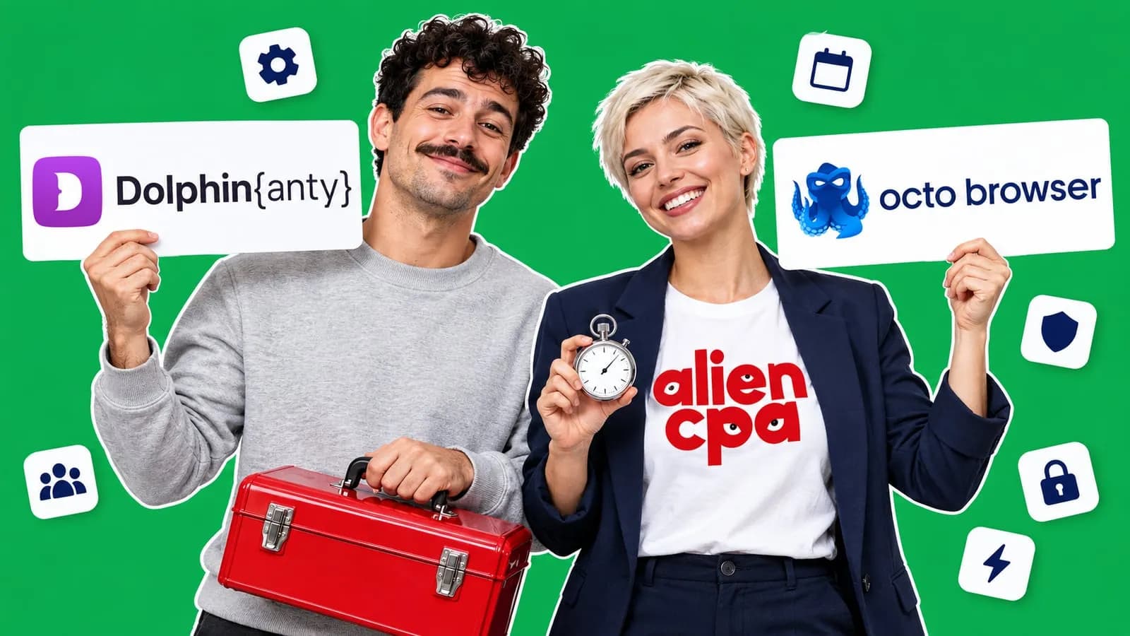 2 smiling colleagues on a flat emerald green background: a curly-haired man in a grey sweatshirt holds up a card with the Dolphin{anty} logo and a red toolbox, a woman with a platinum pixie cut in a navy blazer and an aliencpa T-shirt holds up a card with the Octo Browser logo and a stopwatch, with floating tiles for a gear, a calendar, a team, a shield, a padlock and a lightning bolt.