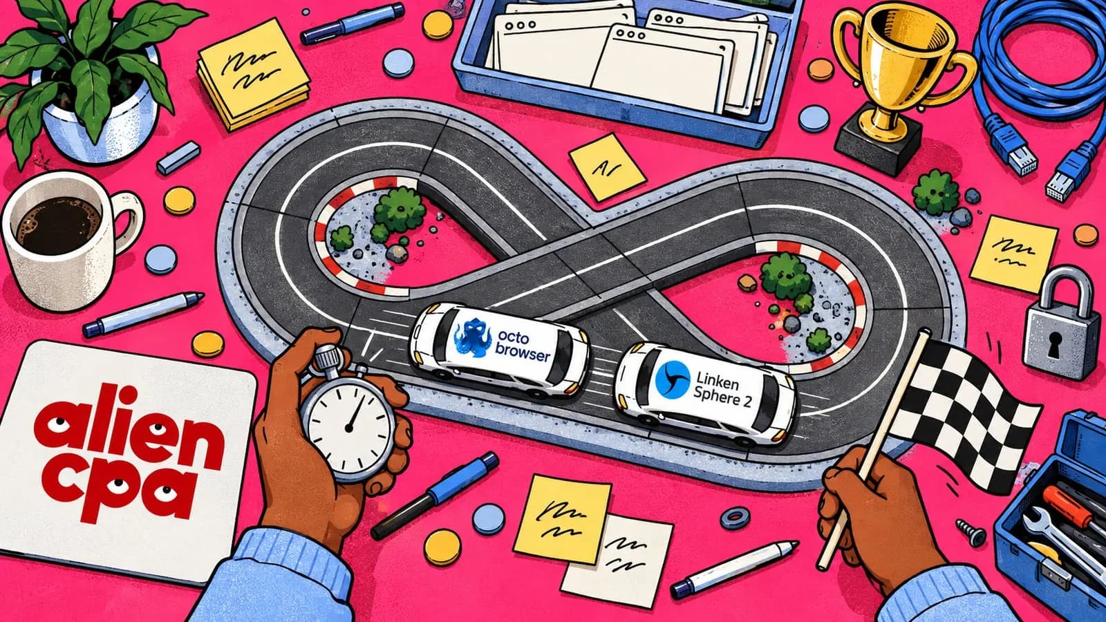 Illustrated desk on a hot pink background seen from above: a figure-eight toy race track with 2 white toy cars, one with the Octo Browser logo and one with the Linken Sphere logo on the roof; one hand holds a stopwatch and the other a checkered flag, around a trophy, a padlock, a network cable, browser window cards, a toolbox and a mouse pad with the aliencpa logo.