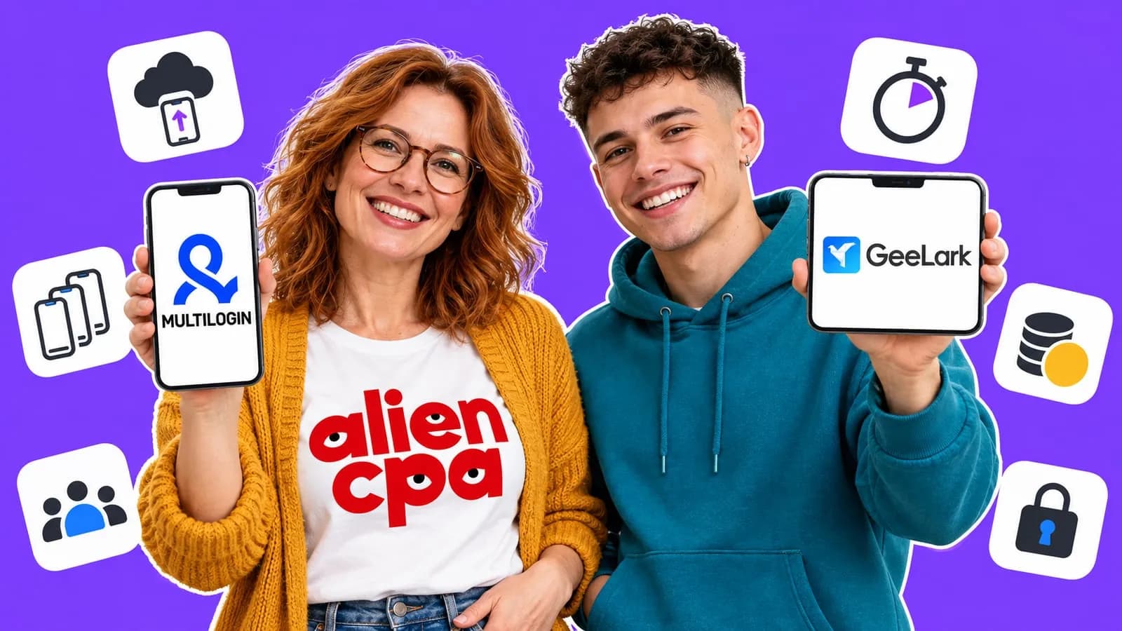 2 smiling colleagues on a flat violet background: a woman with wavy auburn hair and round glasses in a mustard cardigan and an aliencpa T-shirt holds up a phone showing the Multilogin logo, a young man in a teal hoodie holds up a phone showing the GeeLark logo, with floating tiles for a cloud phone, a stopwatch, stacked phones, a team, coins and a padlock.