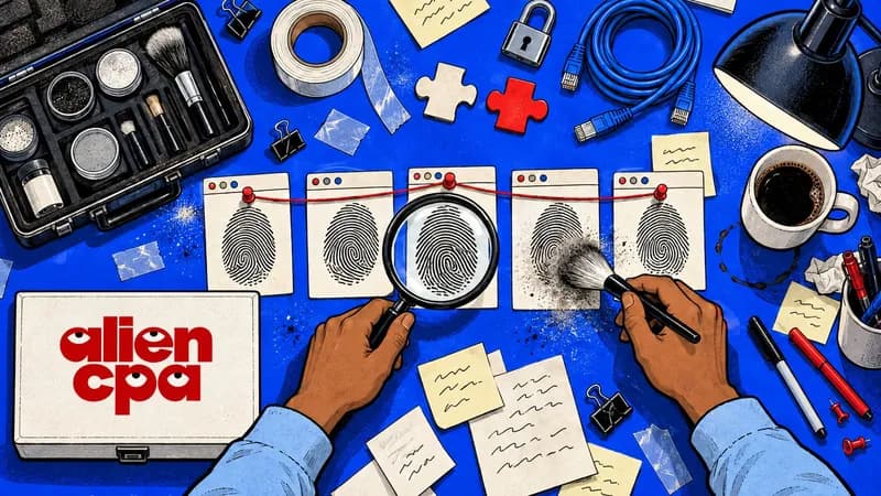 Illustrated forensic workbench on a cobalt blue background seen from above: 5 browser window cards with fingerprints are pinned to a red string; one hand holds a magnifying glass over the middle card while the other dusts the fourth card with a fingerprint brush, among an open forensic kit with powders and brushes, a white and a red puzzle piece that don't fit together, a coiled network cable, a padlock, a desk lamp, a coffee mug, sticky notes and a white evidence box with the aliencpa logo.