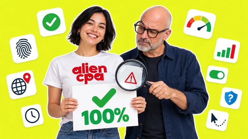Photo collage on a flat acid yellow background: a smiling young woman in a white T-shirt with the aliencpa logo holds up a white card with a big green check mark and 100%, while a skeptical bald man in glasses and a navy overshirt holds a magnifying glass over the card that reveals a small red warning triangle; floating white tiles around them show a check badge, a fingerprint, a globe with a pin, a clock, a gauge at maximum, a bar chart with one red bar, a toggle, a shield with a question mark and a cursor.