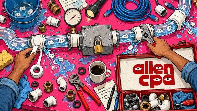 Illustrated plumber's workbench on a hot pink background seen from above: a transparent pipe carrying tiny paper envelopes runs through a grey metal box with a padlock, and water with escaping envelopes sprays from 3 joints; one hand tightens a joint with an adjustable wrench while the other wraps plumber's tape around another, among a bucket, a pressure gauge, a flashlight, a network cable, pipe fittings, a coffee mug and an open red toolbox with the aliencpa logo on its lid.