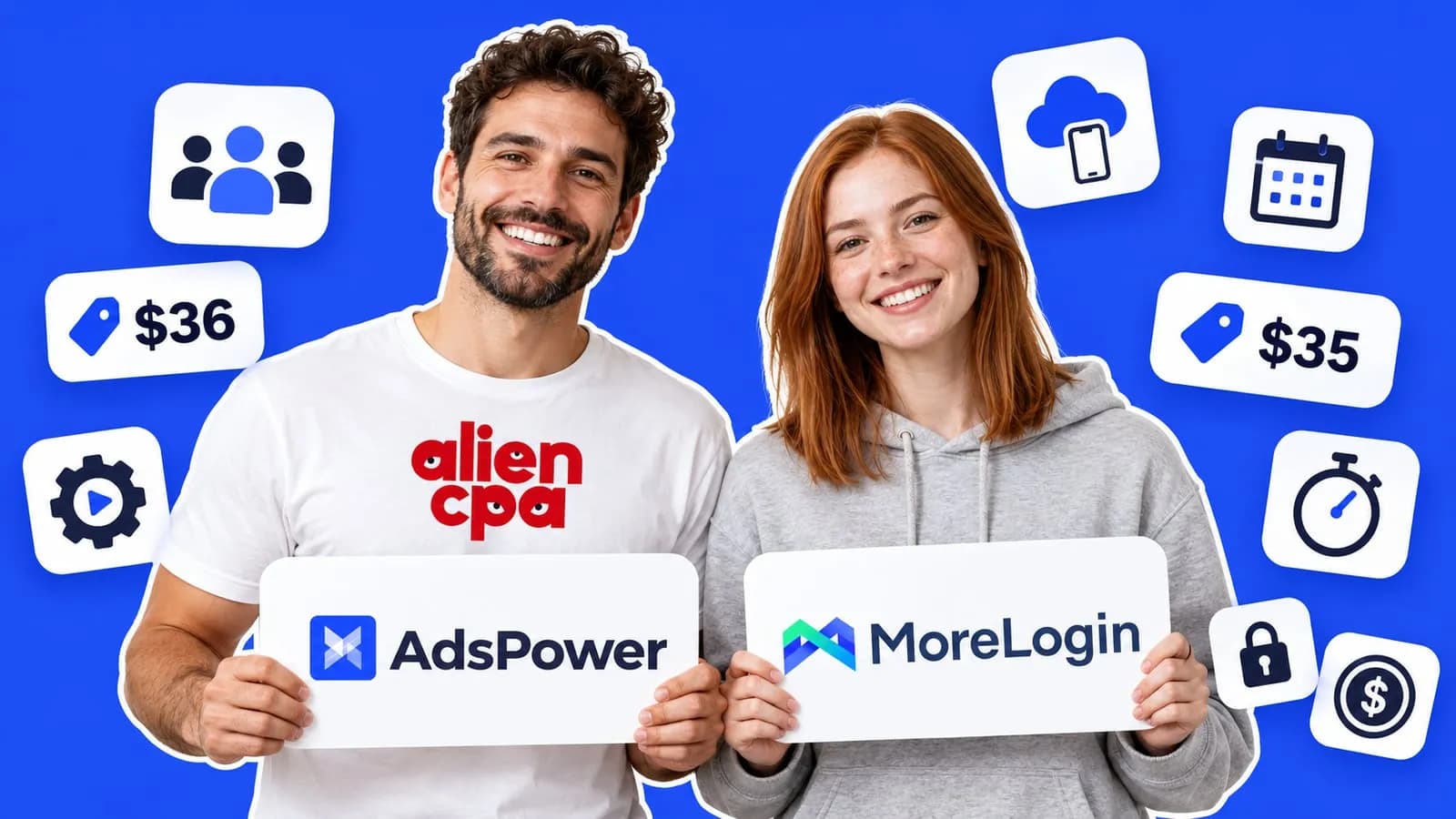 Photo collage on a flat cobalt blue background: a smiling bearded man in a white T-shirt with the aliencpa logo holds a white card with the AdsPower logo, and a smiling red-haired woman in a grey hoodie holds a white card with the MoreLogin logo; floating white tiles around them show price tags of $36 and $35, a group of 3 people, a gear with a play button, a cloud with a phone, a calendar, a stopwatch, a padlock and a dollar coin.