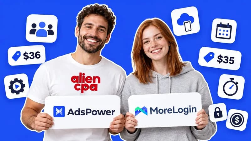 Photo collage on a flat cobalt blue background: a smiling bearded man in a white T-shirt with the aliencpa logo holds a white card with the AdsPower logo, and a smiling red-haired woman in a grey hoodie holds a white card with the MoreLogin logo; floating white tiles around them show price tags of $36 and $35, a group of 3 people, a gear with a play button, a cloud with a phone, a calendar, a stopwatch, a padlock and a dollar coin.
