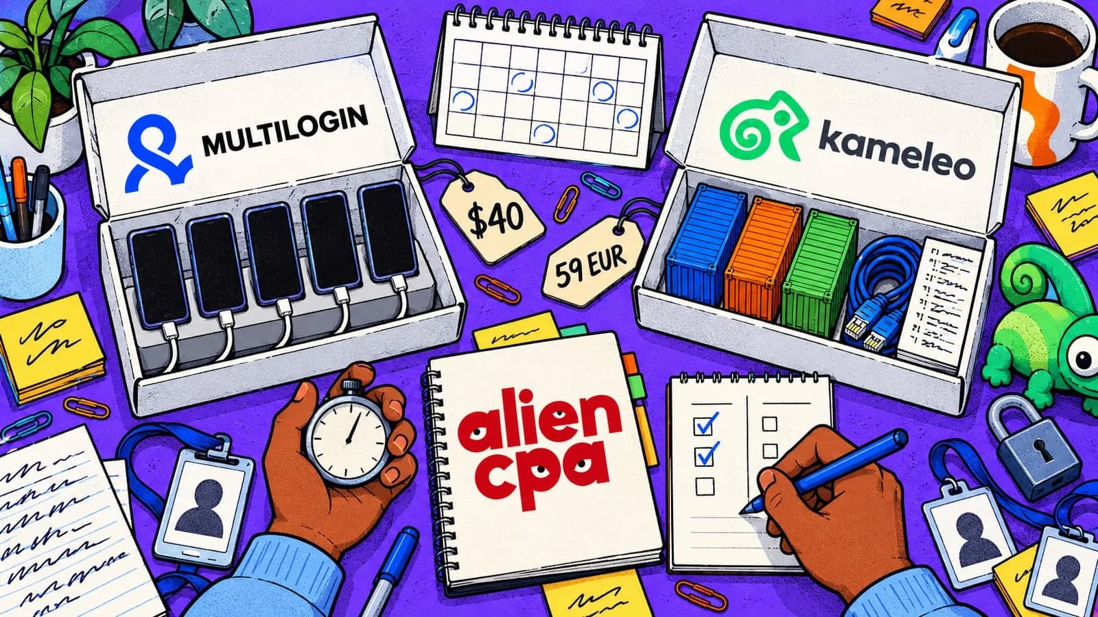 Illustrated desk on a violet background seen from above: an open box with the Multilogin logo on its lid holds a charging rack of 5 smartphones, an open box with the Kameleo logo holds blue, orange and green toy shipping containers, a network cable and a code printout; between them one hand holds a stopwatch and the other ticks a checklist, among price tags of $40 and 59 EUR, a calendar, a plush chameleon, a padlock, ID badges, a coffee mug and a notebook with the aliencpa logo.
