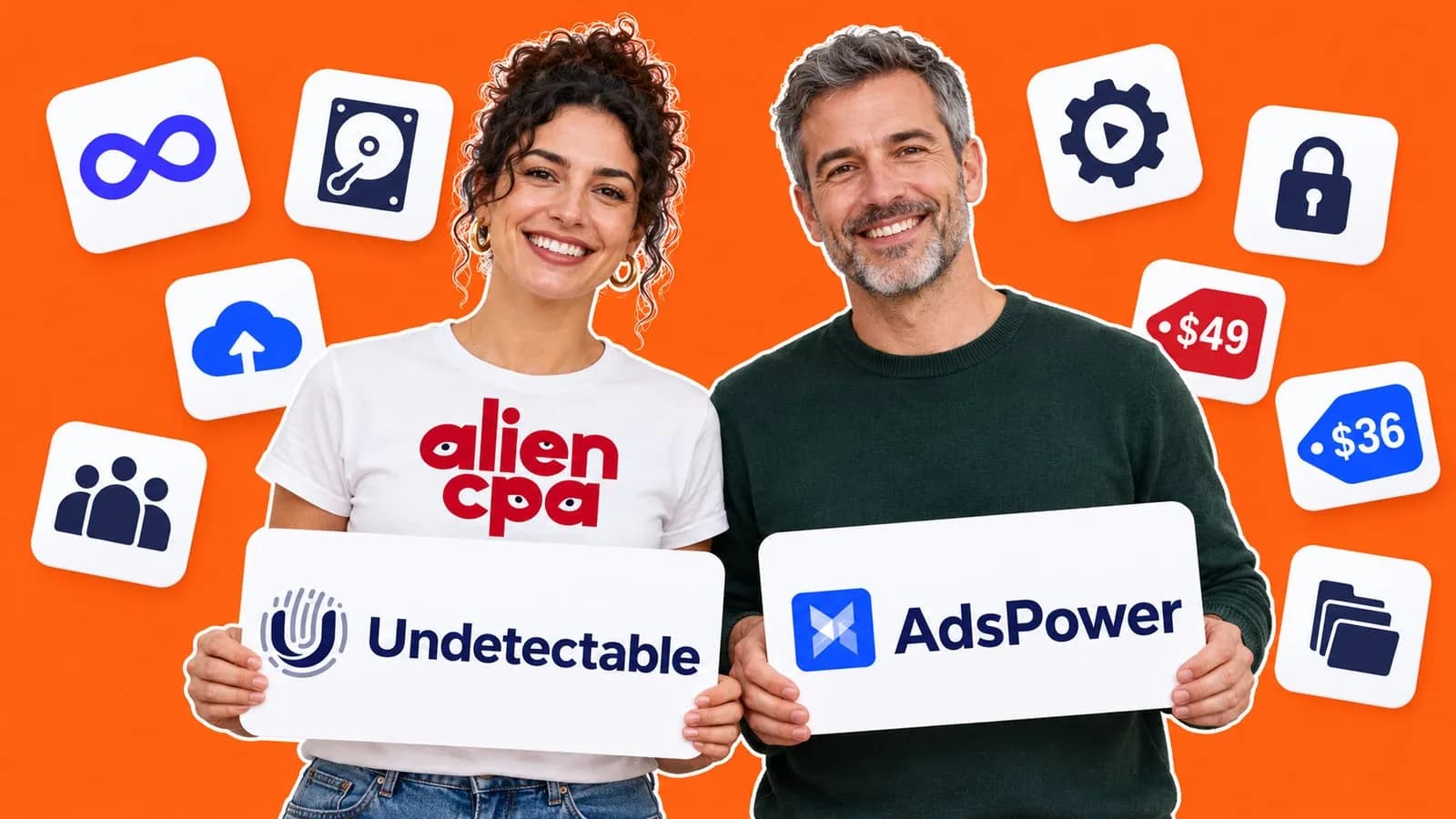 Photo collage on a flat orange background: a smiling woman with curly dark hair in a white T-shirt with the aliencpa logo holds a white card with the Undetectable logo, and a smiling grey-haired man in a dark green sweater holds a white card with the AdsPower logo; floating white tiles around them show an infinity sign, a hard disk, a cloud with an upload arrow, a group of 3 people, price tags of $49 and $36, a gear with a play button, a padlock and a stack of folders.
