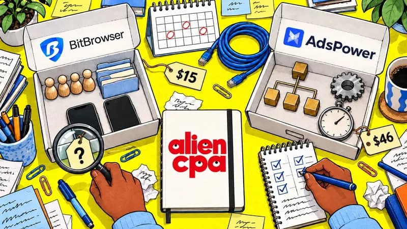 Illustrated desk on an acid yellow background seen from above: an open box with the BitBrowser logo on its lid holds 4 wooden figurines, folders and 2 phones with blank screens, and one hand holds a magnifying glass over a tag with a question mark tied to it; an open box with the AdsPower logo holds a brass flowchart, a gear and a stopwatch, and the other hand ticks a checklist; around them price tags of $15 and $46, a calendar, a network cable, sticky notes, a coffee mug and a notebook with the aliencpa logo.