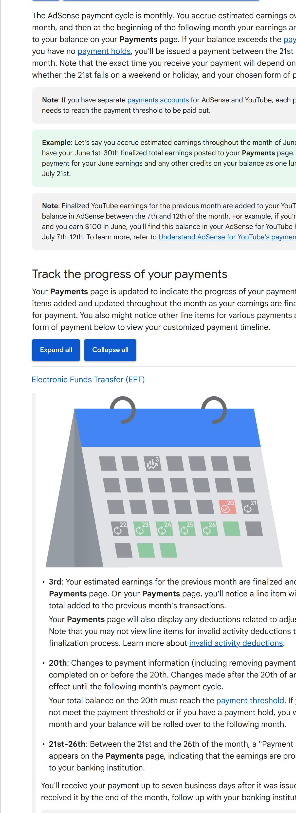Google AdSense Help, Payment timelines for AdSense: a monthly payment cycle with payments issued between the 21st and the 26th; for example, June earnings are finalized by July 3 and paid around July 21; for EFT, earnings are finalized on the 3rd, payment details and the threshold are checked on the 20th, the payment shows as pending from the 21st to the 26th and arrives up to 7 business days after it was issued.