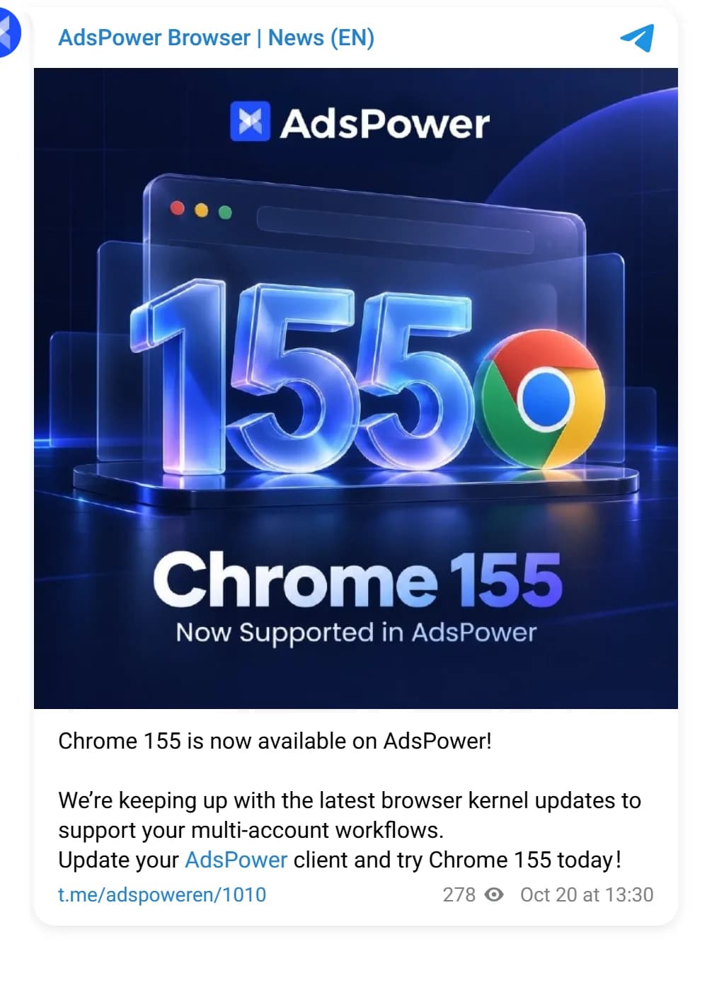 AdsPower Browser News (EN) Telegram channel, post of October 20, 2026, announcing that Chrome 155 is now available on AdsPower and asking users to update the client.