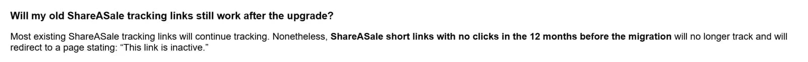 Awin knowledge base FAQ answer stating that most existing ShareASale tracking links continue tracking, but ShareASale short links with no clicks in the 12 months before the migration no longer track and redirect to a page saying This link is inactive.