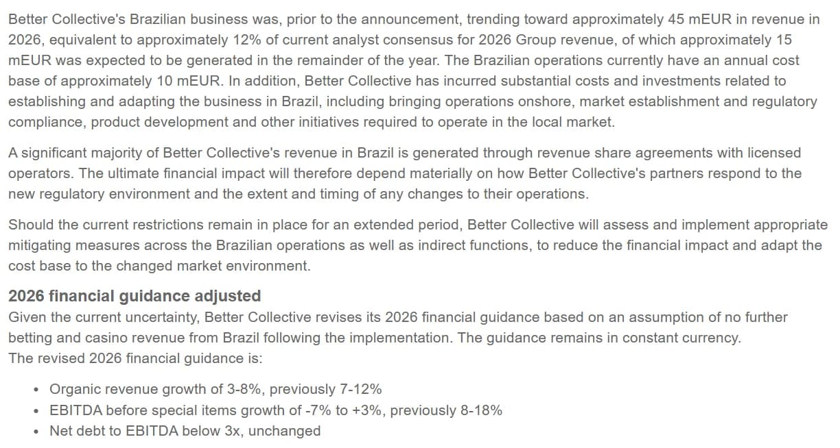 Better Collective release, continued: the Brazilian business was trending toward about 45 mEUR in 2026 revenue, about 12% of analyst consensus, mostly from revenue share agreements with licensed operators; revised 2026 guidance is organic revenue growth of 3-8%, previously 7-12%, and EBITDA before special items growth of -7% to +3%, previously 8-18%, with net debt to EBITDA below 3x unchanged.