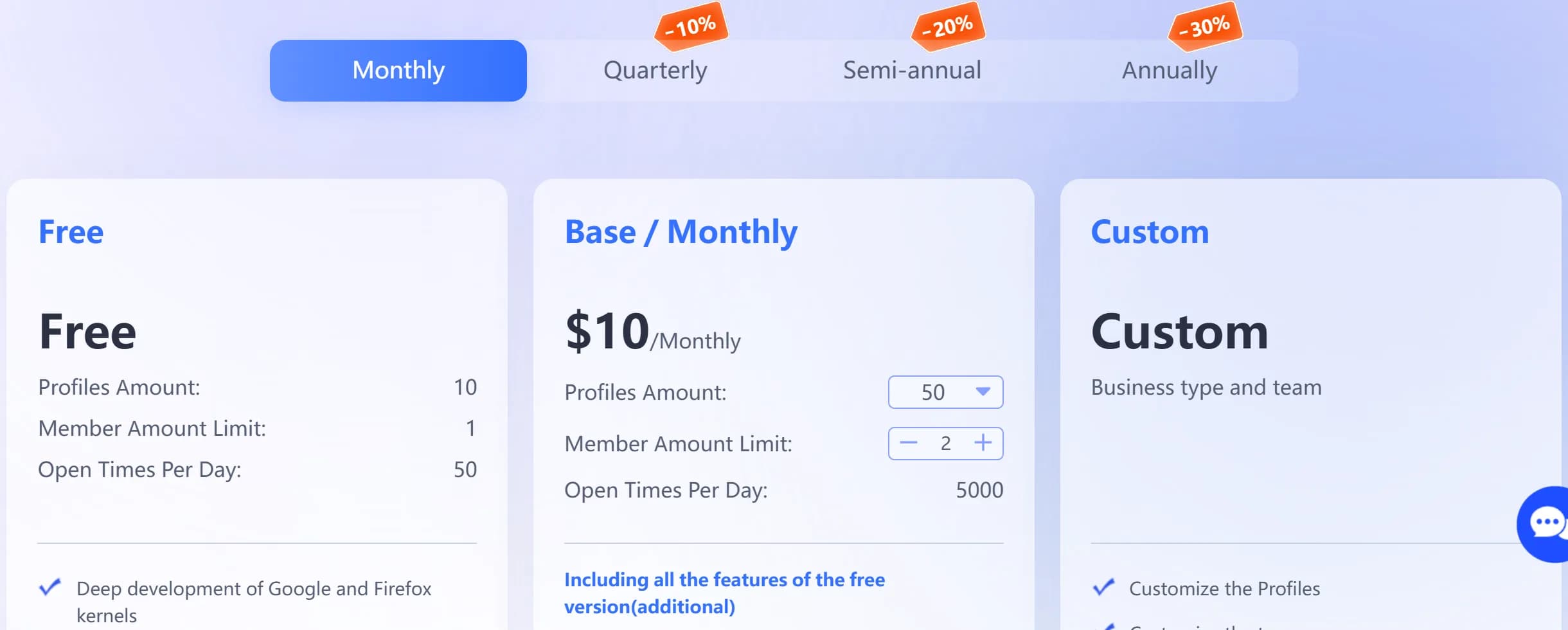 BitBrowser pricing page on October 22, 2026, monthly billing: Free with 10 profiles, 1 member and 50 launches a day; Base at $10 a month with 50 profiles, 2 members and 5,000 launches a day; Custom for businesses and teams; quarterly, semi-annual and annual billing at 10%, 20% and 30% off.