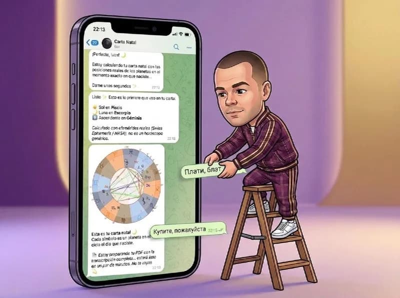 Cartoon from the author's post: a giant phone showing the bot chat with a natal chart wheel and messages about the Sun, Moon and Ascendant, and the author on a stepladder holding speech bubbles that read pay, please and buy, please.