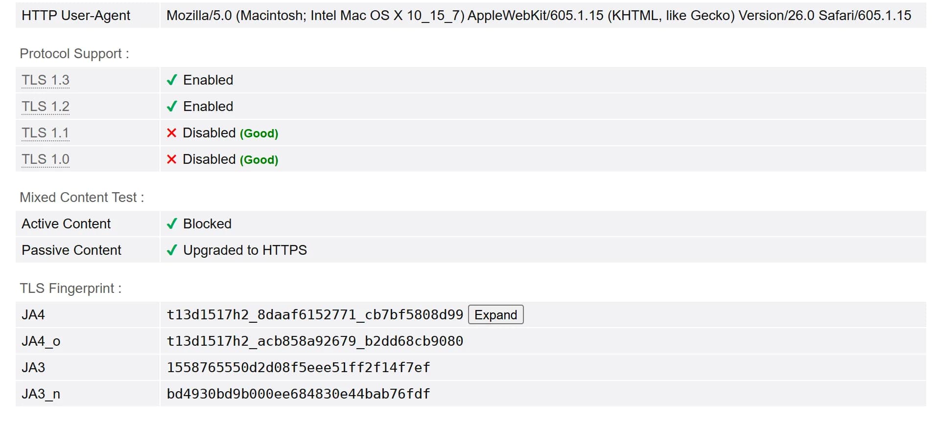 BrowserLeaks TLS client test on October 23, 2026: Chrome 156 with its user agent set to Safari 26 on macOS. The HTTP User-Agent row shows the Safari string, while the TLS fingerprint rows show JA4 t13d1517h2_8daaf6152771_cb7bf5808d99, the value FoxIO lists for Chrome, plus JA4_o, JA3 and JA3_n.
