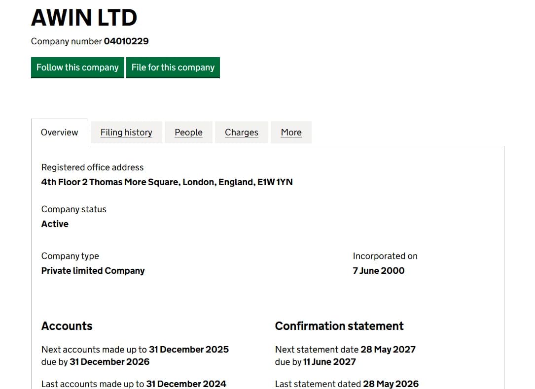 Companies House overview page for AWIN LTD, company number 04010229: registered office address 4th Floor, 2 Thomas More Square, London, England, E1W 1YN; company status Active; company type Private limited Company; incorporated on 7 June 2000; next accounts made up to 31 December 2025 due by 31 December 2026, last accounts made up to 31 December 2024; next confirmation statement date 28 May 2027 due by 11 June 2027, last statement dated 28 May 2026.
