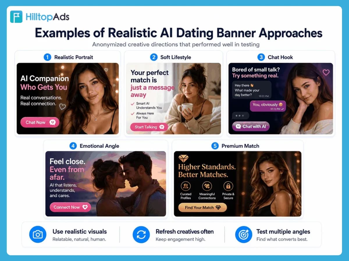 HilltopAds picture titled Examples of Realistic AI Dating Banner Approaches, subtitled Anonymized creative directions that performed well in testing: 5 wide banner mockups labeled Realistic Portrait, Soft Lifestyle, Chat Hook, Emotional Angle and Premium Match, each with a smiling woman or a couple, a short headline and a Chat Now style button, above 3 tips: use realistic visuals, refresh creatives often, test multiple angles.