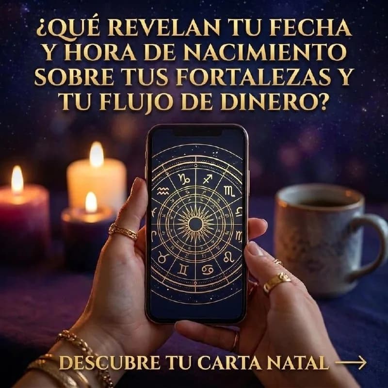 The static ad creative in Spanish: a hand holding a phone with a zodiac wheel on the screen, candles and a mug in the background, the headline asking what your date and time of birth reveal about your strengths and money flow, and a call to discover your natal chart.
