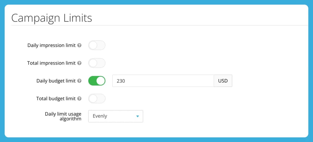 HilltopAds Campaign Limits form: daily and total impression limits off, daily budget limit switched on at 230 USD, total budget limit off, daily limit usage algorithm set to Evenly.