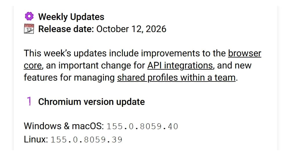 Dolphin{anty} News (en) Telegram channel, weekly update of October 12, 2026, with Chromium 155.0.8059.40 for Windows and macOS and 155.0.8059.39 for Linux.