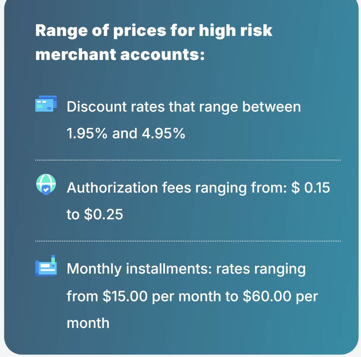 Durango Merchant Services high risk merchant account page, box titled Range of prices for high risk merchant accounts: discount rates that range between 1.95% and 4.95%; authorization fees ranging from 0.15 to 0.25 dollars; monthly installments ranging from 15 dollars to 60 dollars per month.