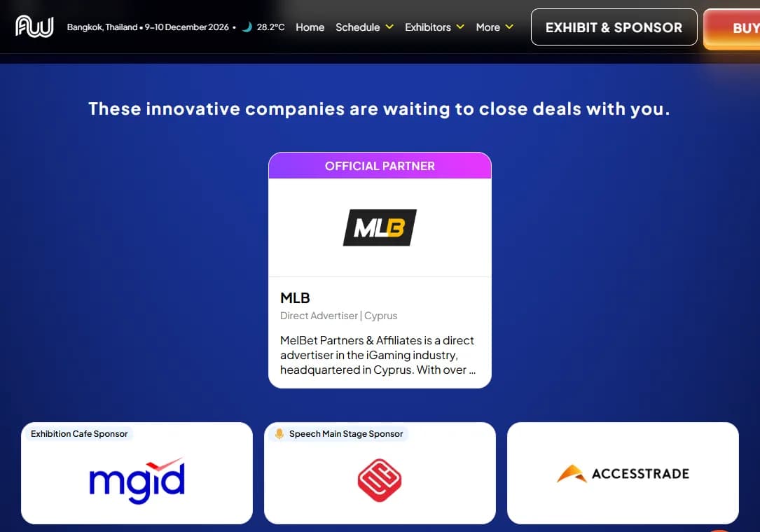 Affiliate World Asia exhibitors page with the header Bangkok, Thailand, 9–10 December 2026 and Schedule, Exhibitors and Exhibit and Sponsor menus: under the line These innovative companies are waiting to close deals with you sits an Official Partner card for MLB, labeled Direct Advertiser, Cyprus, and described as a direct advertiser in the iGaming industry headquartered in Cyprus; below it are sponsor cards for mgid as Exhibition Cafe Sponsor, a Speech Main Stage Sponsor and Accesstrade.