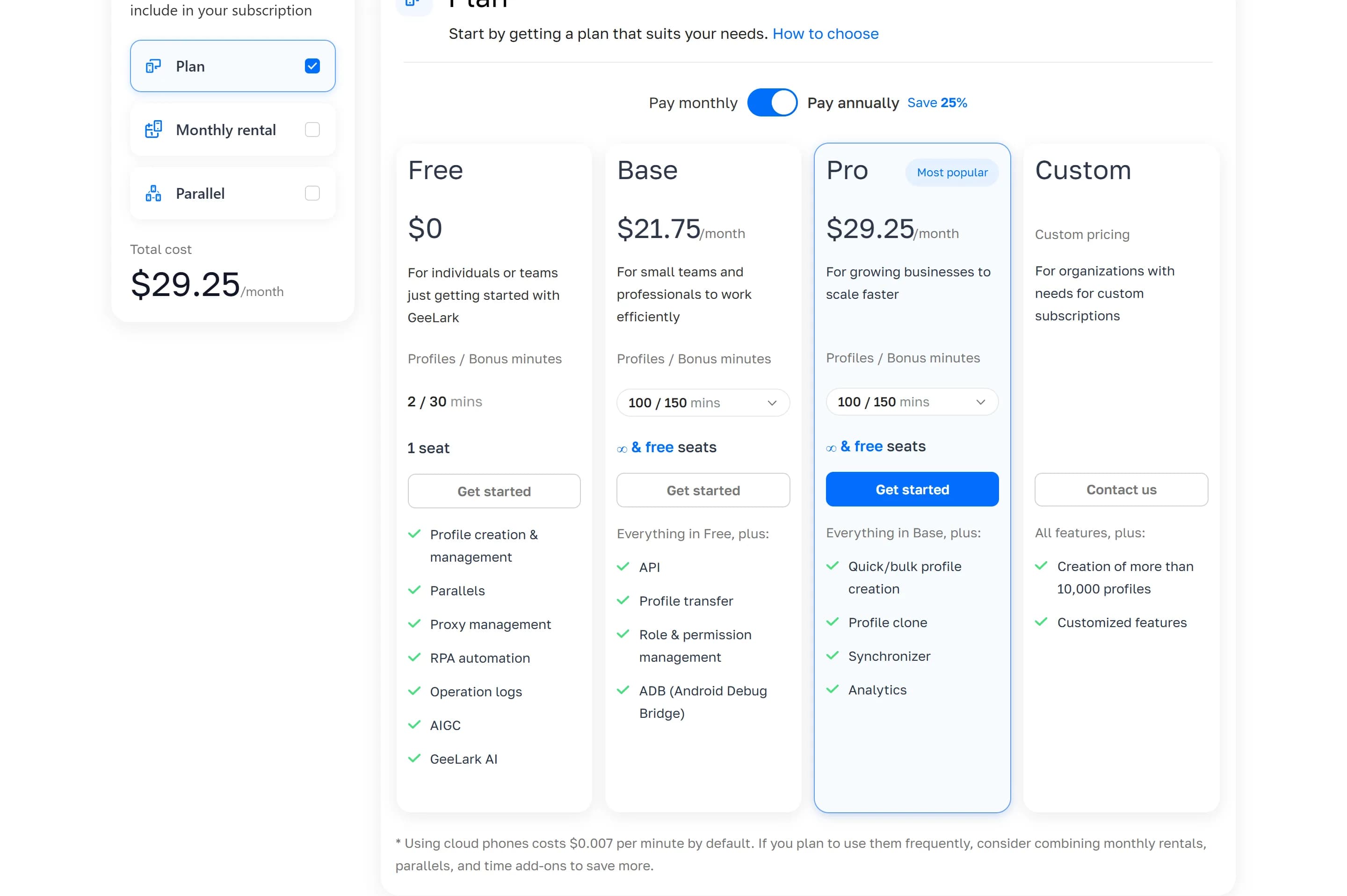 GeeLark pricing page, checked October 23, 2026, with the annual billing switch on and 100 profiles selected: Free $0 with 2 profiles, 30 minutes and 1 seat; Base $21.75 a month with 100 profiles and 150 bonus minutes, unlimited free seats, API, profile transfer, roles and ADB; Pro $29.25 with bulk creation, cloning, a synchronizer and analytics; note that cloud phones cost $0.007 per minute by default.
