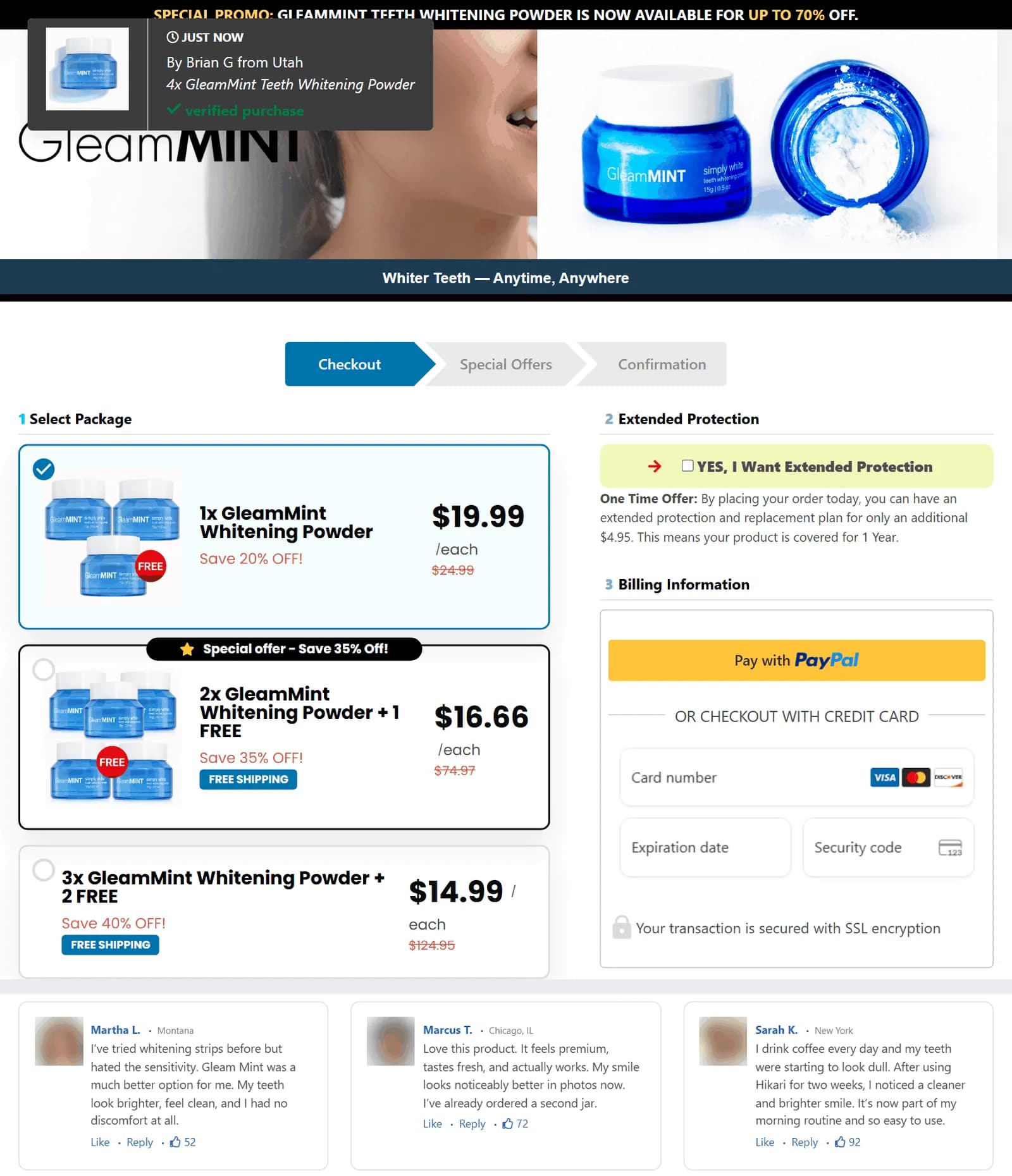 GleamMint checkout page: a promo bar offering up to 70% off, a just now purchase notification, then 3 packages: 1 jar at $19.99 instead of $24.99, 2 jars plus 1 free at $16.66 each with free shipping, 3 jars plus 2 free at $14.99 each with free shipping; an extended protection offer for $4.95 and a card form; below, 3 customer testimonials, the third of which says the customer noticed a brighter smile after using Hikari for 2 weeks; testimonial photos are blurred.