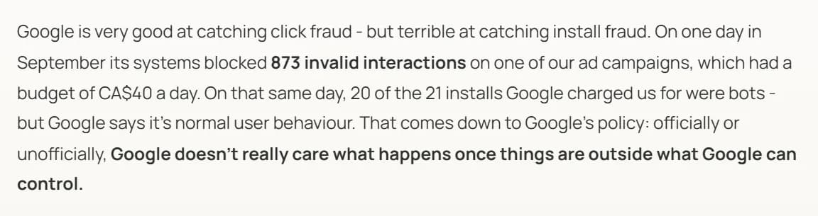 Excerpt from Nick Abe's October 1 post: on 1 day in September Google's systems blocked 873 invalid interactions on a campaign with a CA$40 daily budget, while 20 of the 21 installs Google charged for that day were bots, and Google called it normal user behavior.