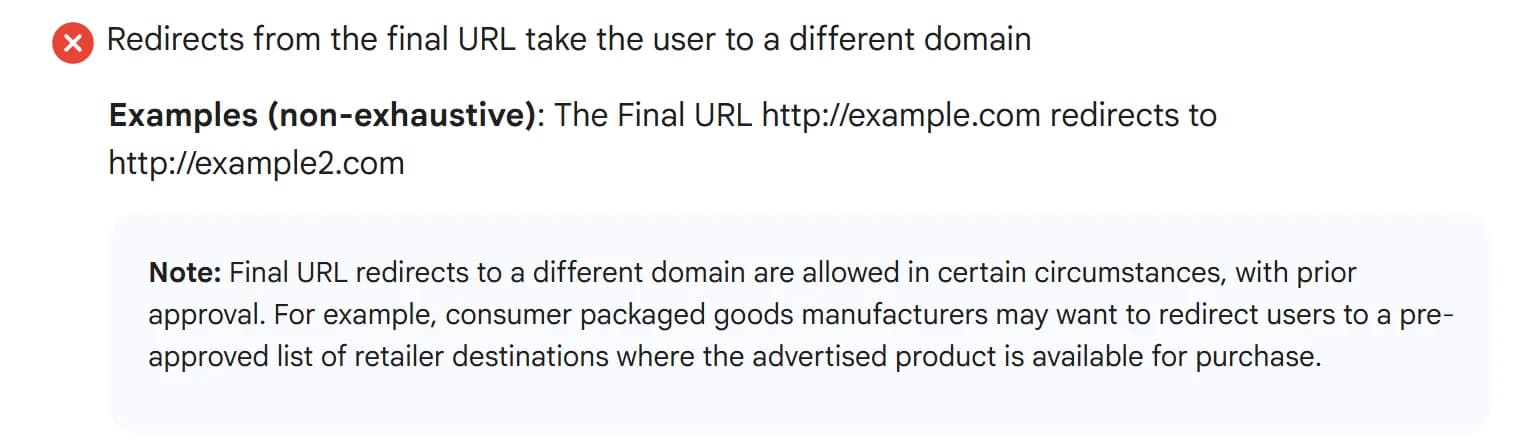 Google Ads destination requirements policy passage listing redirects from the final URL to a different domain as a violation, with a note that such redirects are allowed in certain circumstances with prior approval.