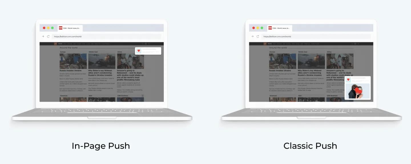 Two laptops showing the same news site: on the left, in-page push as a small notification-style card with an icon and 2 lines of text inside the page at the top right; on the right, classic push as a larger notification with an image at the bottom right of the screen.