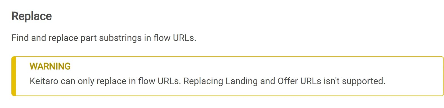 Keitaro documentation section on the bulk Replace action for flows, which finds and replaces substrings in flow URLs, with a warning that landing and offer URLs cannot be replaced.