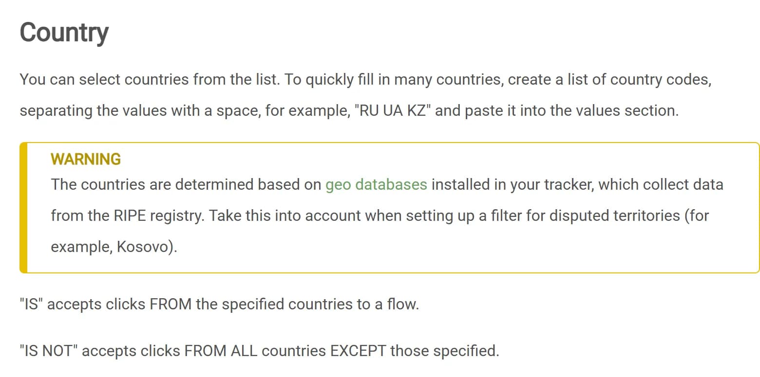 Keitaro documentation section on the Country flow filter, explaining how to list country codes and the difference between the IS and IS NOT modes, with a warning that countries come from geo databases based on the RIPE registry.
