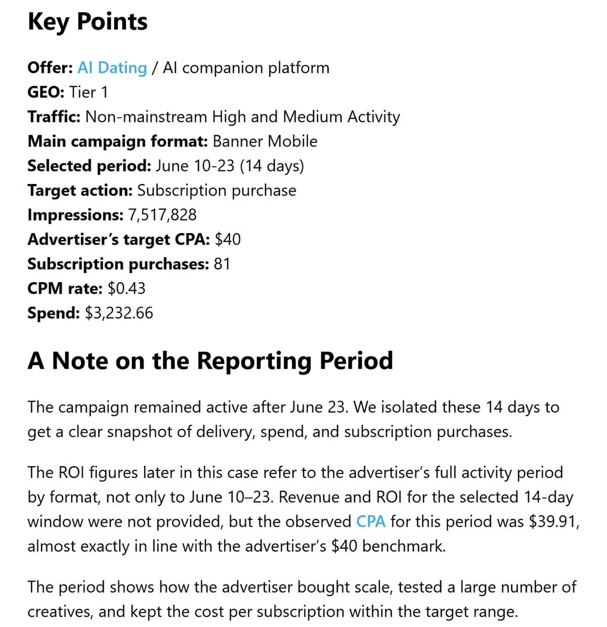 Key Points block of the HilltopAds case: offer AI Dating / AI companion platform, GEO Tier 1, traffic Non-mainstream High and Medium Activity, main format Banner Mobile, selected period June 10-23 (14 days), target action subscription purchase, 7,517,828 impressions, advertiser's target CPA $40, 81 subscription purchases, CPM rate $0.43, spend $3,232.66; below it a note that the campaign stayed active after June 23 and that revenue and ROI for the 14-day window were not provided.