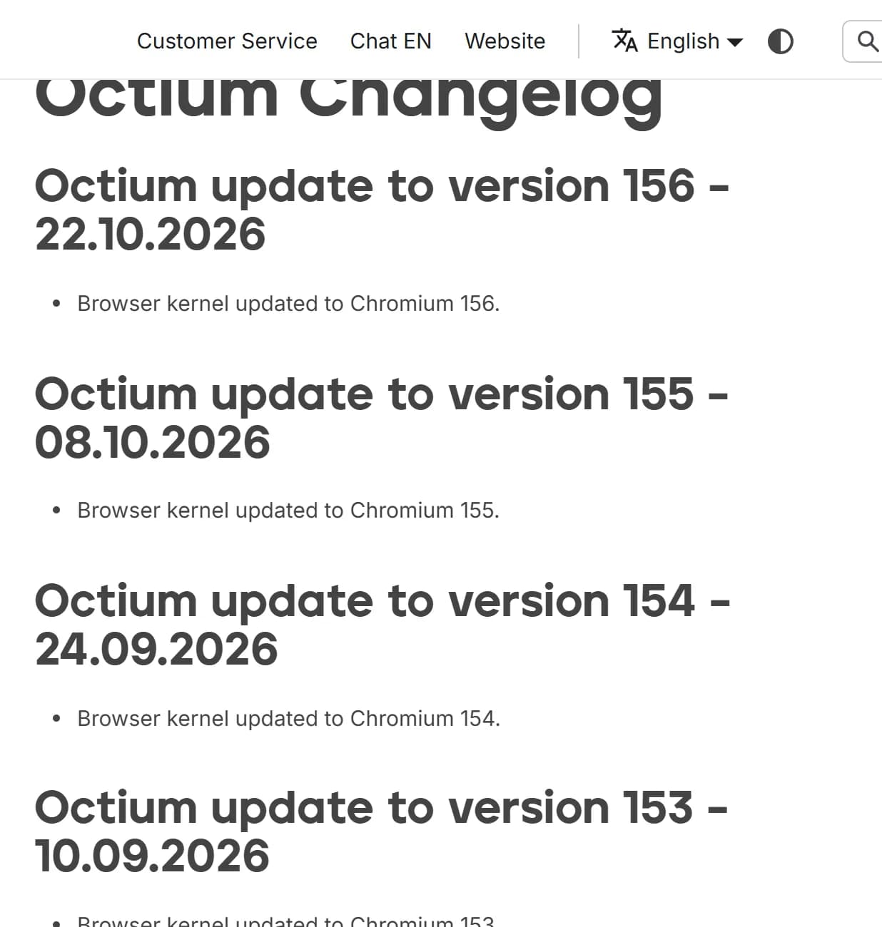 Octo Browser docs, Octium Changelog on October 22, 2026: "Octium update to version 156 - 22.10.2026, browser kernel updated to Chromium 156"; version 155 on 08.10.2026; version 154 on 24.09.2026; version 153 on 10.09.2026.