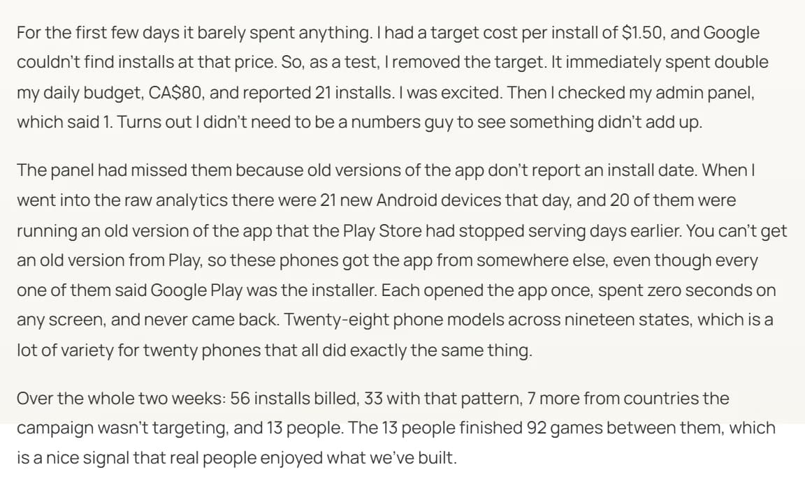 Excerpt from Nick Abe's September 11 post: the campaign barely spent at a $1.50 target cost per install; after he removed the target it spent CA$80, double the daily budget, and reported 21 installs while his admin panel showed 1; 20 of 21 new Android devices ran an old app version the Play Store had stopped serving, each opened the app once, spent 0 seconds on any screen and never came back; over 2 weeks, 56 installs billed, 33 with that pattern, 7 from non-targeted countries and 13 real people who finished 92 games.