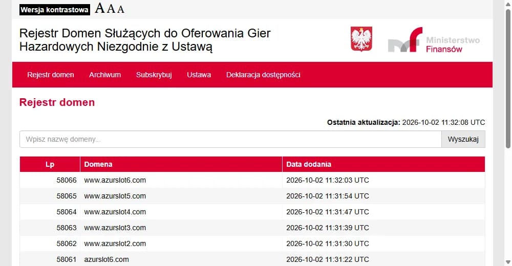 Polish Ministry of Finance register of domains used to offer gambling in violation of the law (Rejestr Domen), last updated 2026-10-02 11:32:08 UTC: the newest entries, numbered 58061 to 58066, are azurslot6.com and www.azurslot2.com through www.azurslot6.com, all added on 2026-10-02 between 11:31:22 and 11:32:03 UTC.