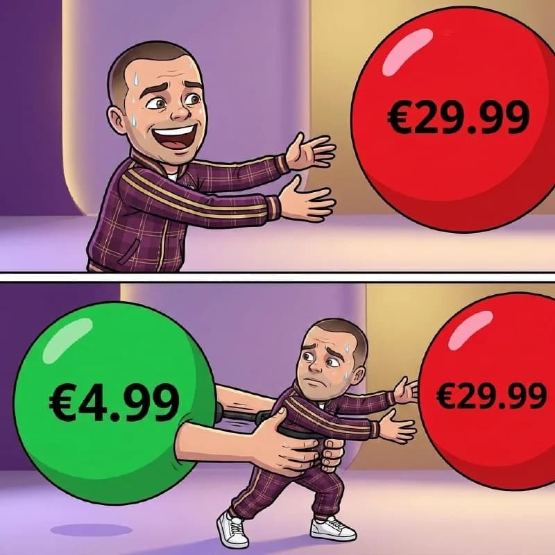 The author's price meme: a cartoon of him struggling to push a red ball labeled 29.99 euros, then being dragged between a green 4.99-euro ball and the red 29.99-euro ball.