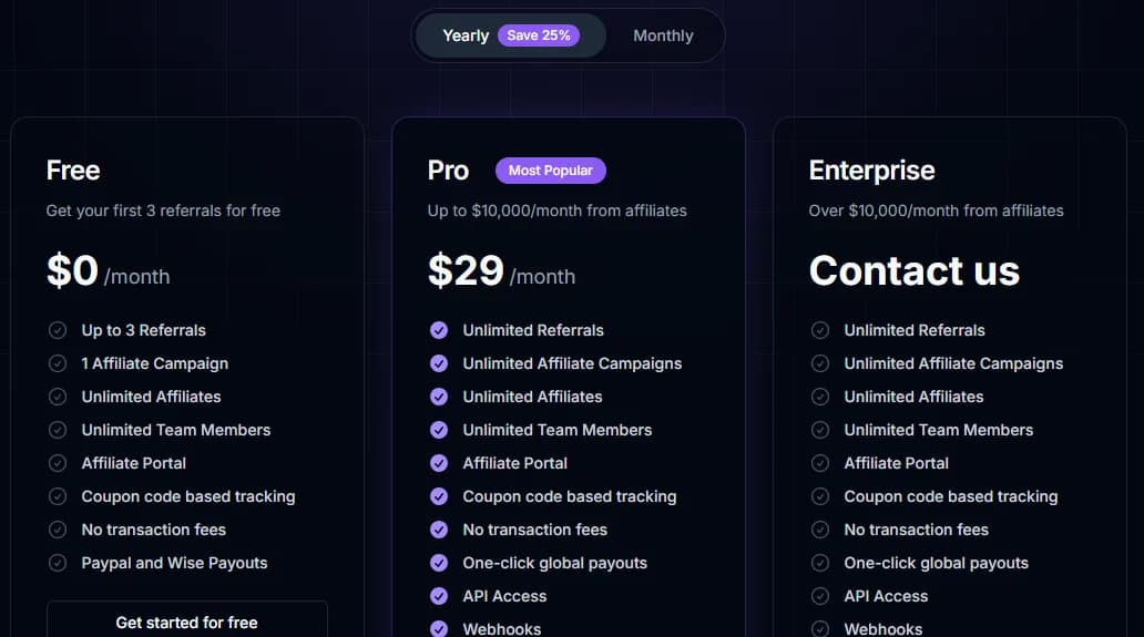 PromoteKit pricing page with the Yearly (Save 25%) toggle selected: Free at $0 a month for the first 3 referrals, with 1 affiliate campaign, unlimited affiliates and team members, an affiliate portal, coupon code tracking, no transaction fees and PayPal and Wise payouts; Pro at $29 a month for up to $10,000 a month from affiliates, with unlimited referrals and campaigns, one-click global payouts, API access and webhooks; Enterprise, contact us, for over $10,000 a month from affiliates.