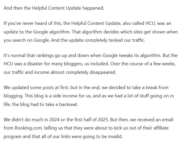 Excerpt from Ilona's Q1 2026 income report: the Helpful Content Update completely tanked their traffic, traffic and income almost completely disappeared within a few weeks, the couple took a break from blogging, did little in 2024 and the first half of 2025, and then got an email from Booking.com saying they would be removed from its affiliate program.