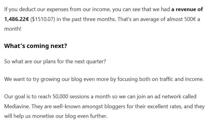 Excerpt from the Q2 2022 income report: after expenses the blog kept 1,486.22 euros ($1,510.07) in 3 months, and the next goal was to reach 50,000 sessions a month to join the Mediavine ad network.