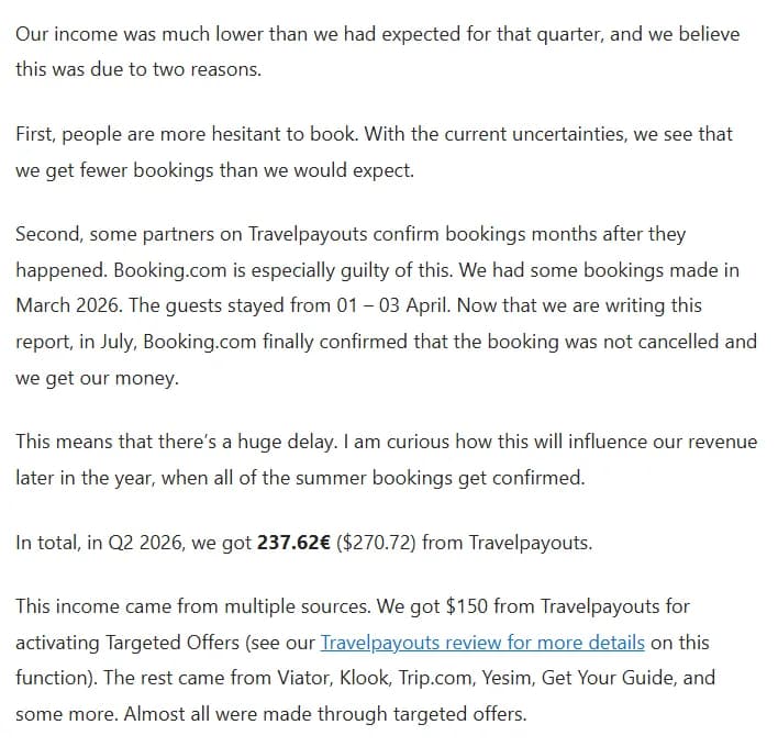 Excerpt from the Q2 2026 report: Travelpayouts income was lower than expected because people hesitate to book and some partners confirm bookings months later, with a Booking.com booking made in March for an April 1 to 3 stay confirmed only in July; Q2 Travelpayouts income was 237.62 euros ($270.72), including $150 for activating Targeted Offers, and almost all the rest came through targeted offers.