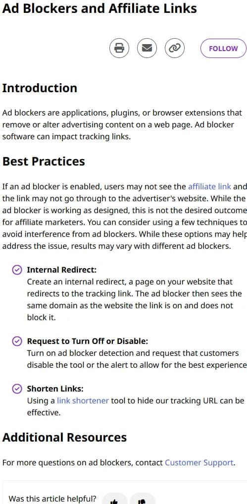 Rakuten Advertising publisher help article Ad Blockers and Affiliate Links: under Best Practices it says that with an ad blocker enabled the affiliate link may not go through to the advertiser's website, and lists 3 techniques: Internal Redirect, a page on your website that redirects to the tracking link so the ad blocker sees the same domain; Request to Turn Off or Disable; and Shorten Links.