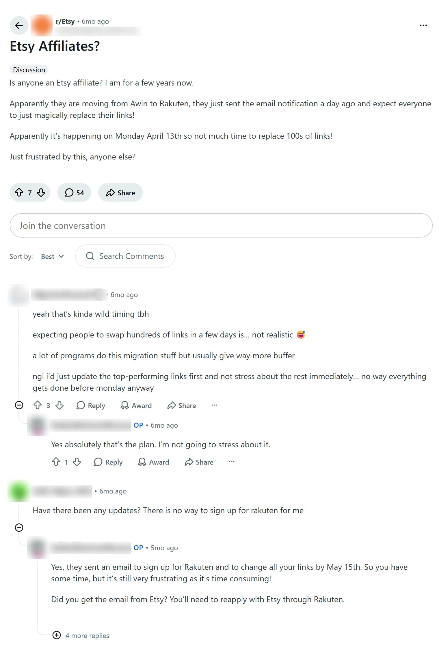 Reddit r/Etsy thread titled Etsy Affiliates?: the poster says Etsy is moving from Awin to Rakuten, sent the email a day earlier and starts on Monday April 13th, leaving little time to replace hundreds of links; replies call the timing unrealistic and mention an email asking affiliates to sign up for Rakuten and change all links by May 15th; usernames and avatars are blurred.