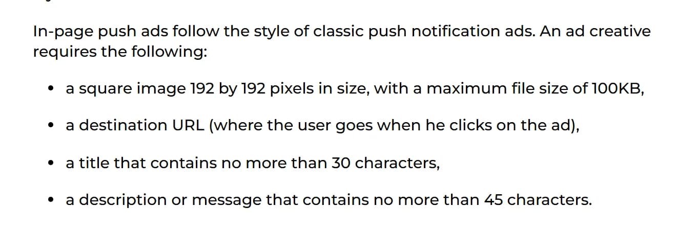 RichAds blog: in-page push ads follow the style of classic push notification ads; a creative requires a square image of 192 by 192 pixels with a maximum file size of 100 KB, a destination URL, a title of no more than 30 characters and a description of no more than 45 characters.