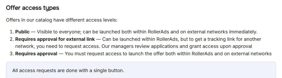 RollerAds help center, offer access types: Public offers can be launched within RollerAds and on external networks immediately; offers that require approval for an external link can be launched within RollerAds, but a tracking link for another network needs a request reviewed by managers; offers that require approval need a request for both.