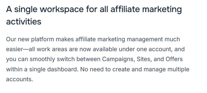 RollerAds blog post on the launch of its full-cycle platform, section headed A single workspace for all affiliate marketing activities: the new platform puts all work areas under one account, lets users switch between Campaigns, Sites and Offers within a single dashboard, and removes the need to create and manage multiple accounts.