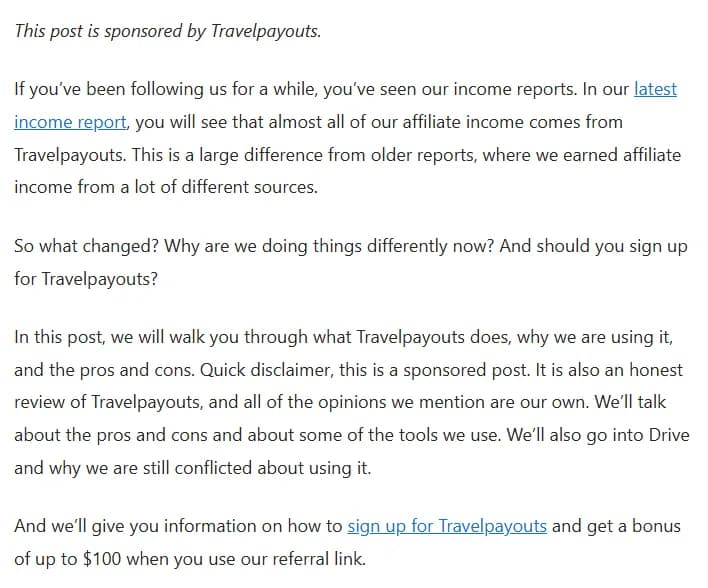 Opening of the authors' Travelpayouts review: This post is sponsored by Travelpayouts, a reference to their latest income report showing almost all affiliate income comes from Travelpayouts, a disclaimer that it is a sponsored post with their own opinions, and a promise of a bonus of up to $100 for signing up through their referral link.