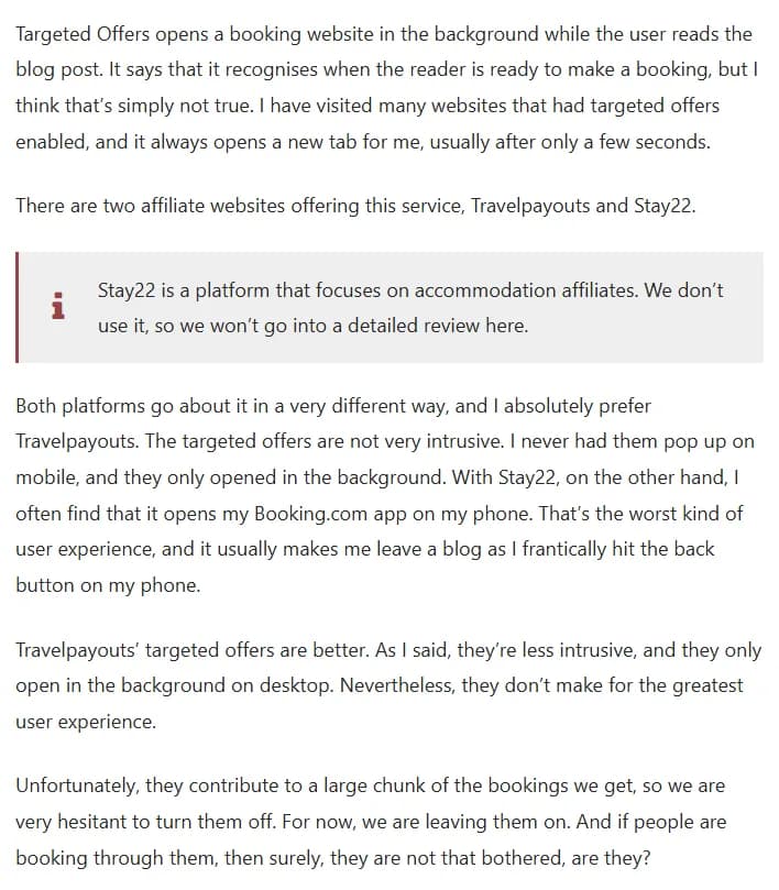 Excerpt from the authors' Travelpayouts review: Targeted Offers opens a booking website in the background while the user reads, the author doubts it recognizes booking intent because it always opens a new tab after a few seconds, prefers it to a rival that opens the Booking.com app on phones, says the tabs only open in the background on desktop, and keeps them on because they bring a large chunk of bookings.